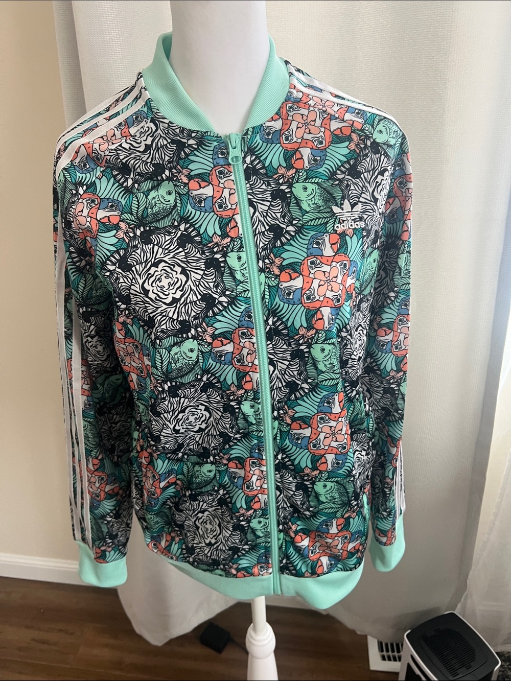 adidas Women's Mint Floral Graphic Bomber Jacket with Coral Accents